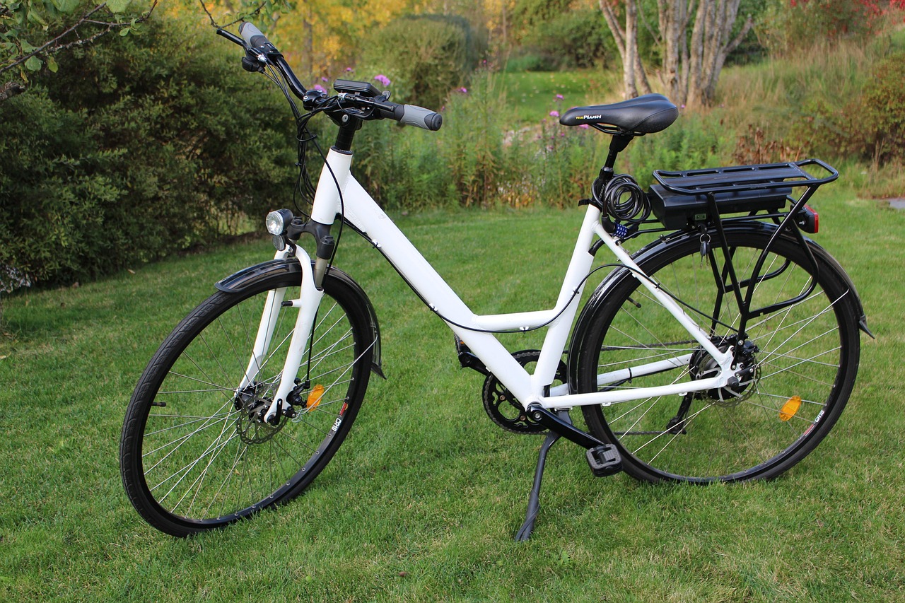 Zu sehen ist ein weißes Tiefeinsteiger Fahrrad mit Gepäckträger auf einer grünen Wiese.