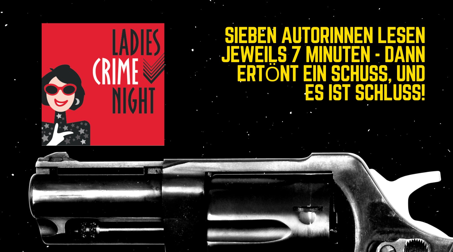 Auf dem Bild ist ein Revolver und das Logo der Ladies Crime Night zu sehen.