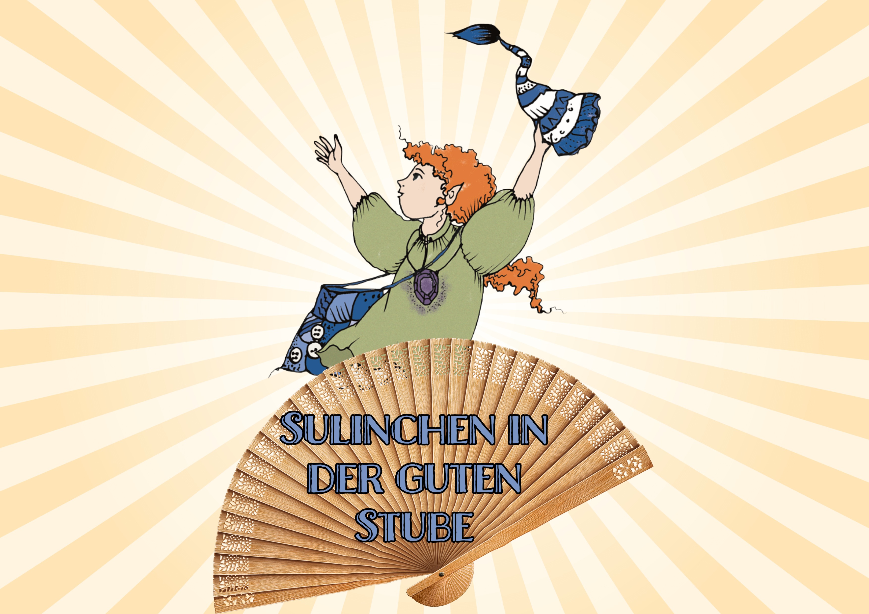 Illustration mit strahlenförmigem, beigefarbenem Hintergrund. Im Zentrum springt Sulinchen, das Koboldmädchen aus dem Heimatmuseum Seulberg mit orangen, lockigen Haaren, grünem Kleid und einer blau-weiß gestreiften Zipfelmütze in der Hand, in die Luft. Sie trägt einen violetten Stein an einer Kette um den Hals und eine blaue Tasche mit Knöpfen. Unter ihr breitet sich ein großer, brauner Fächer mit filigranen Mustern aus, auf dem in blauen Blockbuchstaben „SULINCHEN IN DER GUTEN STUBE“ steht. Die Figur wirkt fröhlich und dynamisch, als würde sie tanzen oder sich freuen.