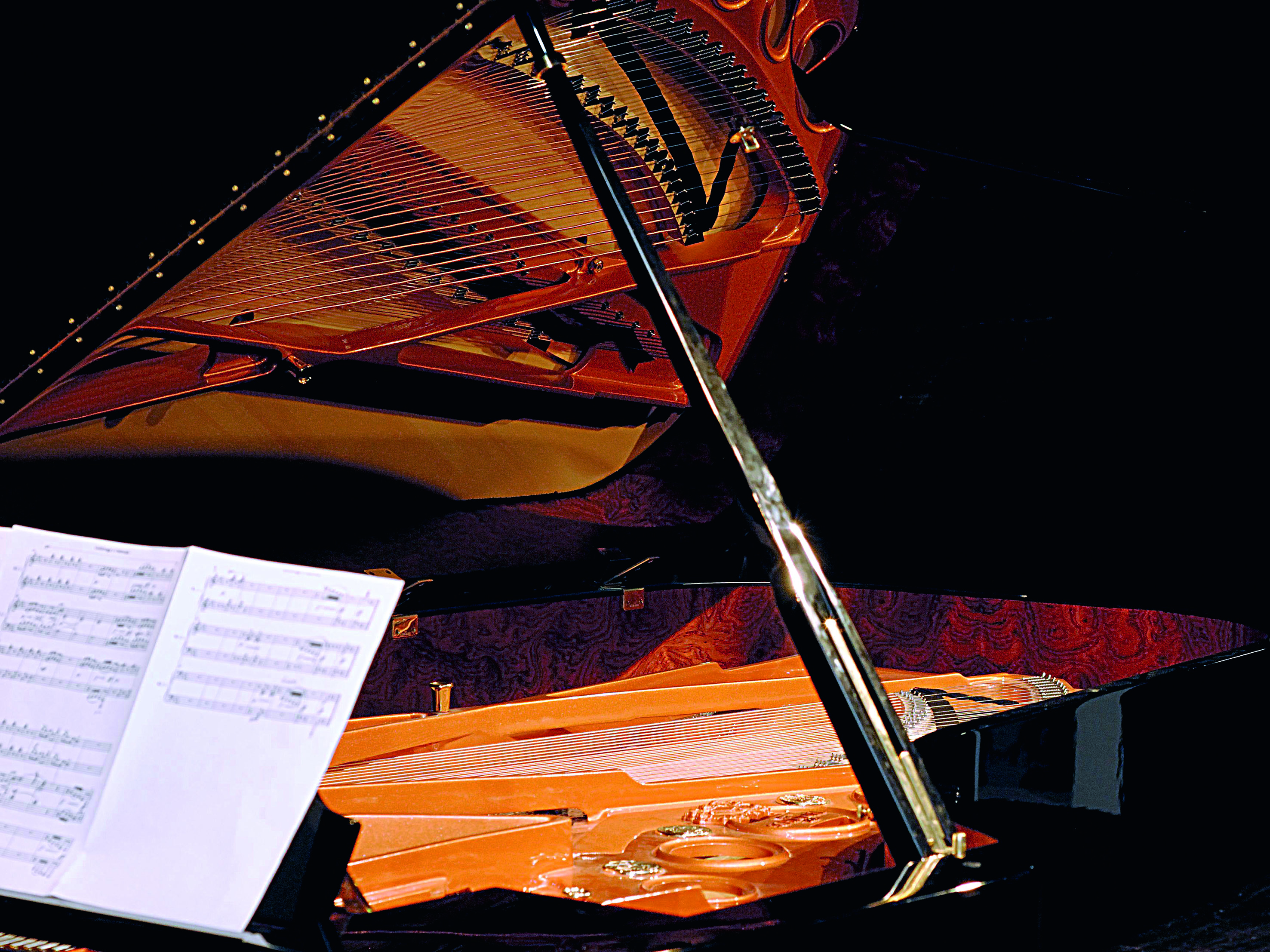 Auf dem Bild ist ein Flügel mit aufgeklappten Deckel zu sehen.