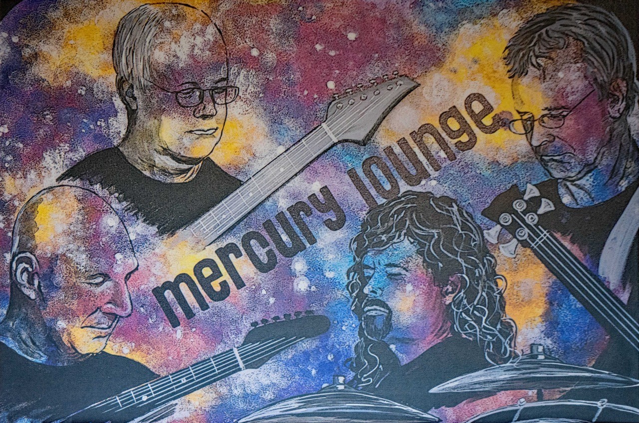 Das Bild zeigt eine bunte, gemalte Collage der vier Musiker von Mercury Lounge. 